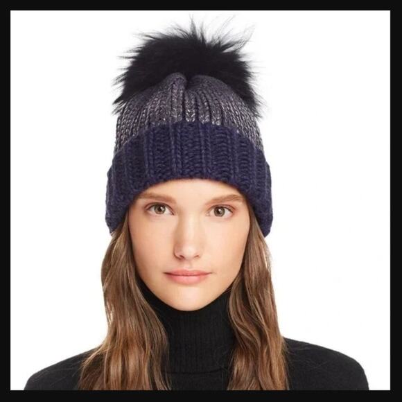 Navy Blue & Silver Wool Blend Beanie Hat Genuine Raccoon Fur Pom-Pom by AQUA - Picture 13 of 13